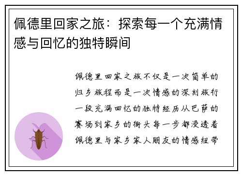 佩德里回家之旅：探索每一个充满情感与回忆的独特瞬间