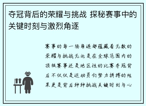 夺冠背后的荣耀与挑战 探秘赛事中的关键时刻与激烈角逐