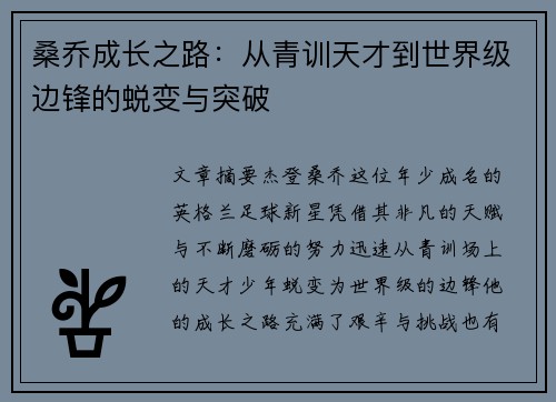 桑乔成长之路：从青训天才到世界级边锋的蜕变与突破